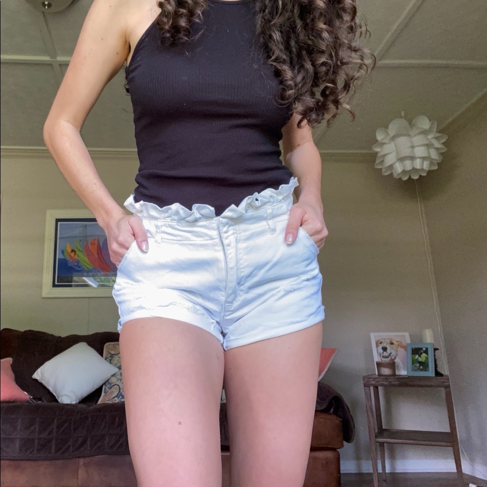 White high-rise paper bag shorts